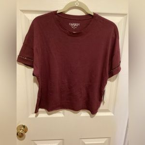 Carbon Copy Cropped Tee, size S, Burgundy with crystal sleeve detail